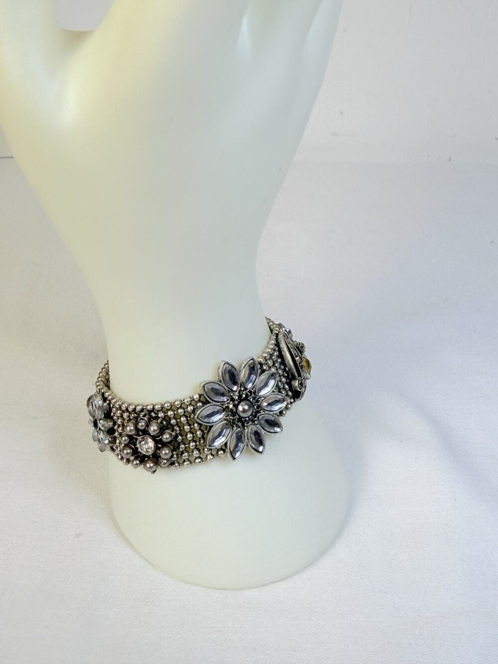 Bohm Wide Silver tone Mesh Bracelet Grey Rhinestone Faux Pearl Floral Statement